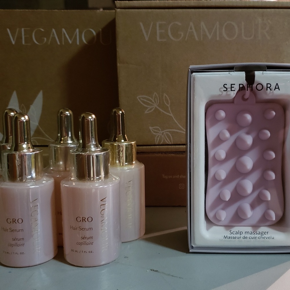 5 NEW 1oz. bottles of VEGAMOUR GRO Hair Serum and Sephora Scalp Massager